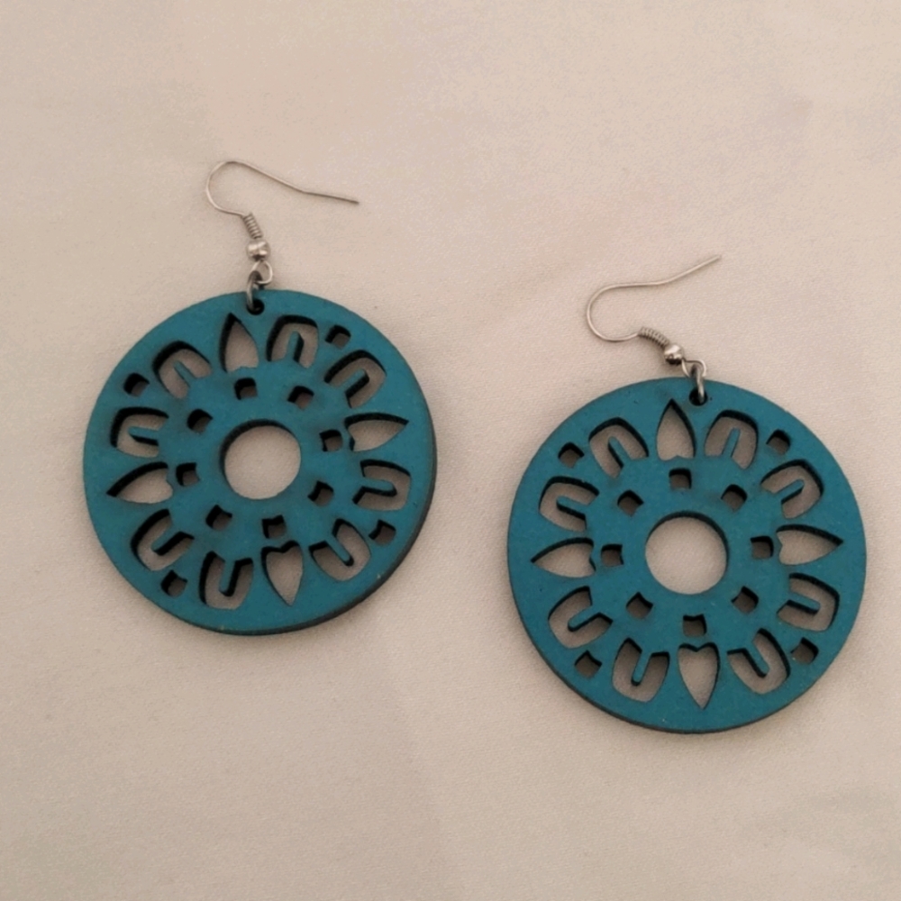 Boho Chic Turquoise Wood Cutout Earring